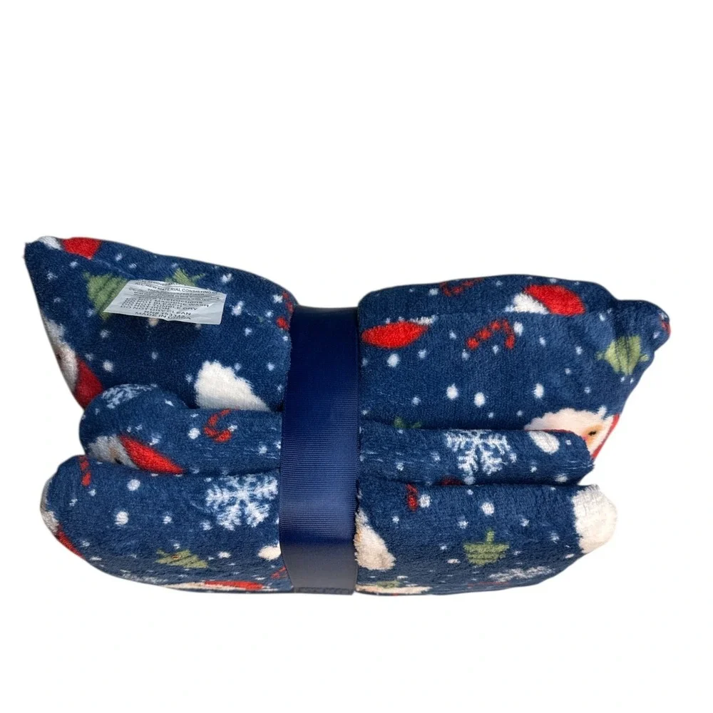 ANA Pillow & Throw Gift Set Santa‎ Snowflake Tree Flannel Fleece 50x60 Navy Blue